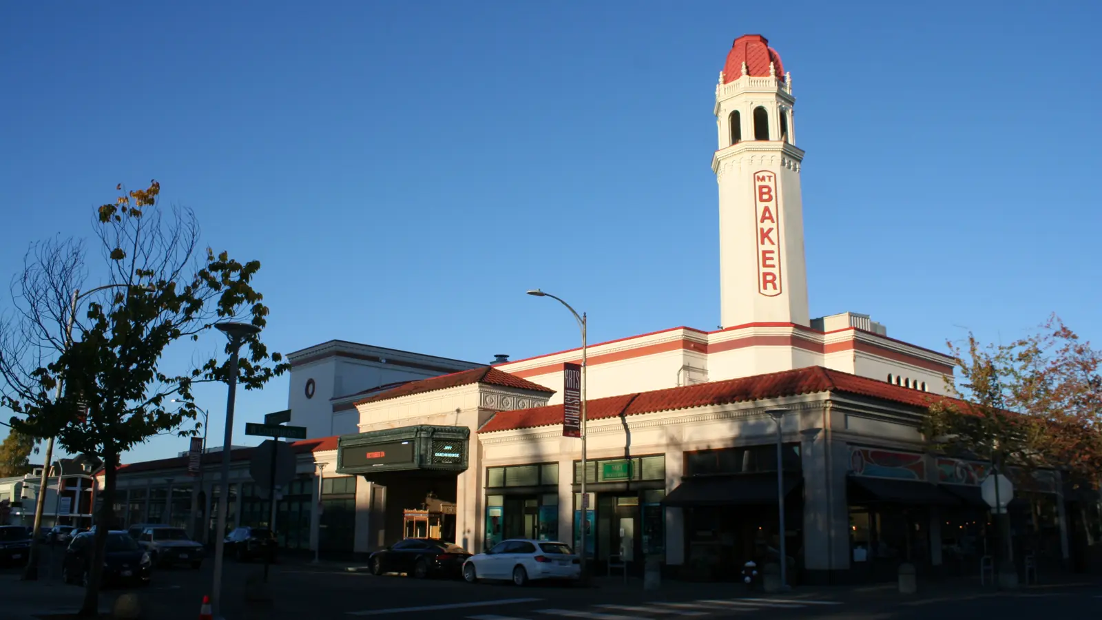 The Mount Baker Theatre marquee and stone front on Commercial Street in Bellingham.