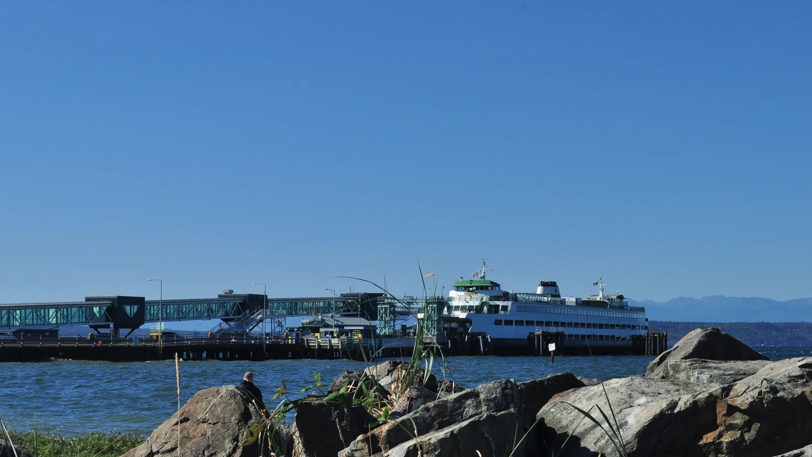 The Washington State Ferry Spokane docked at the Edmonds ferry terminal.