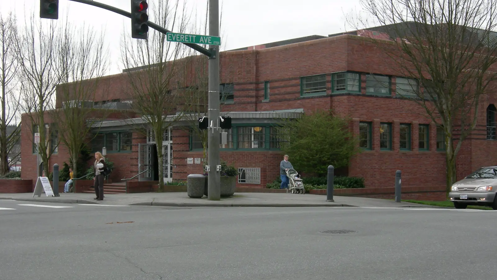 The Everett Public Library, a brick building with a columned entrance.
