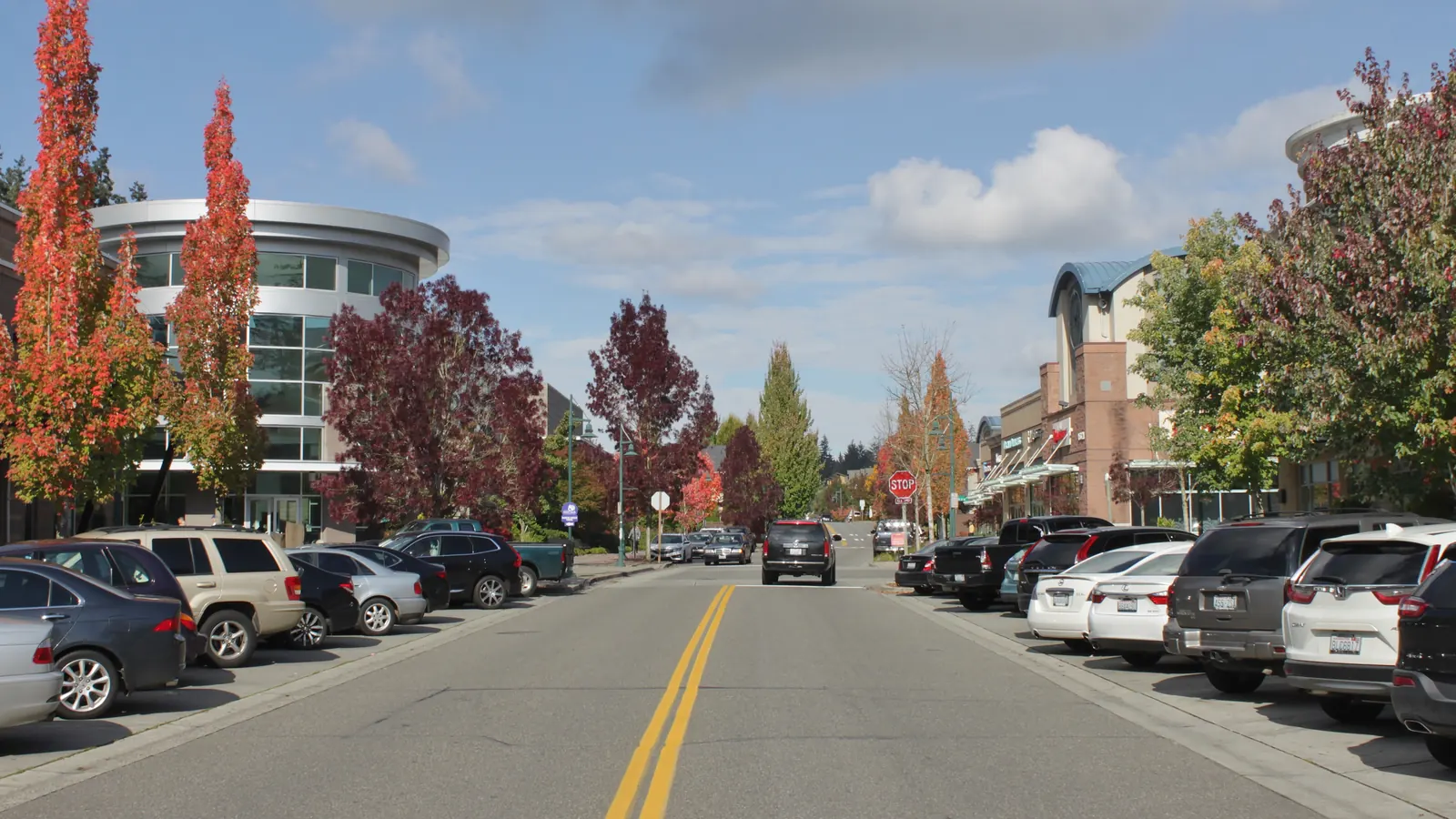 Main Street at Mill Creek Town Center, with storefronts and a clock tower.