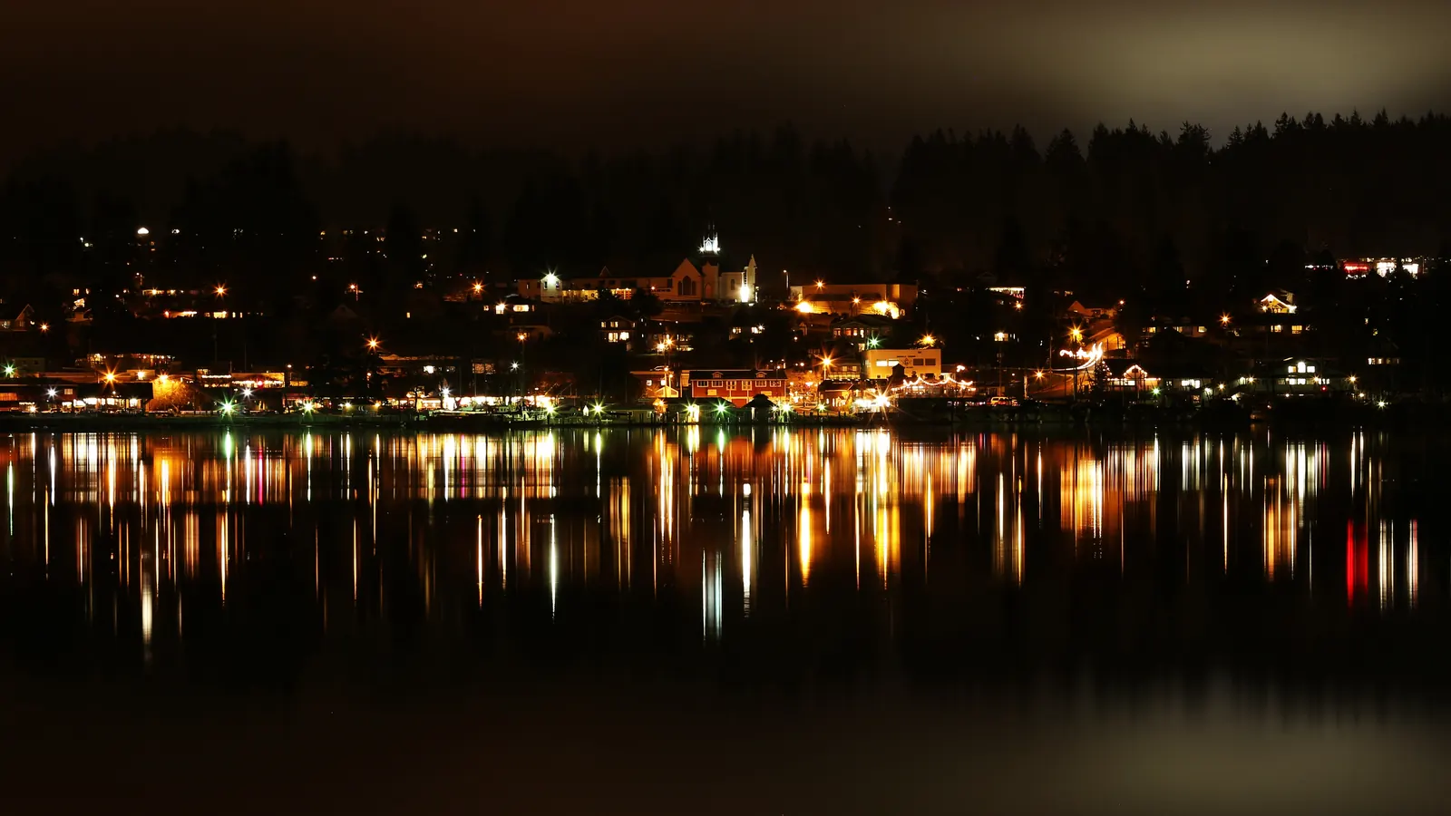 Poulsbo's waterfront, with boats along the dock.