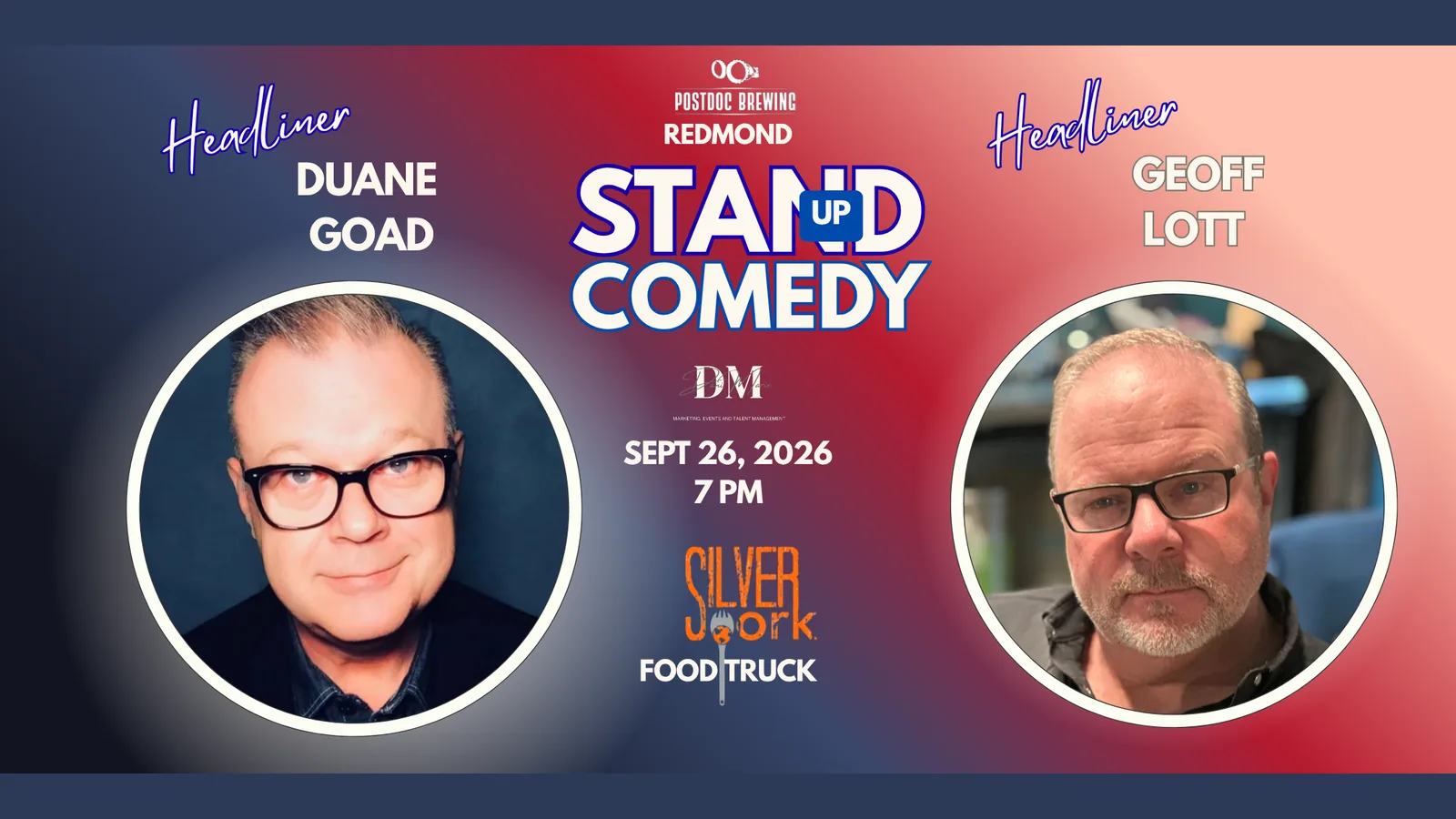 Stand-up comedy poster for Duane Goad featuring Geoff Lott at Postdoc Brewing, marked 21+.